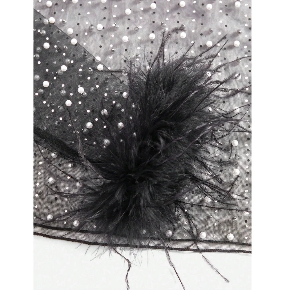 Black Sheer Mesh Long Sleeve Feather Shirt with Faux Pearls Sparkles Beaded - Picture 11 of 15